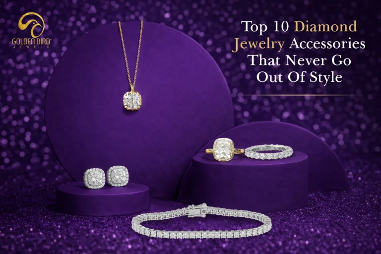 Luxury diamond jewelry collection with pendant, rings, studs and tennis bracelet by Golden Bird Jewels